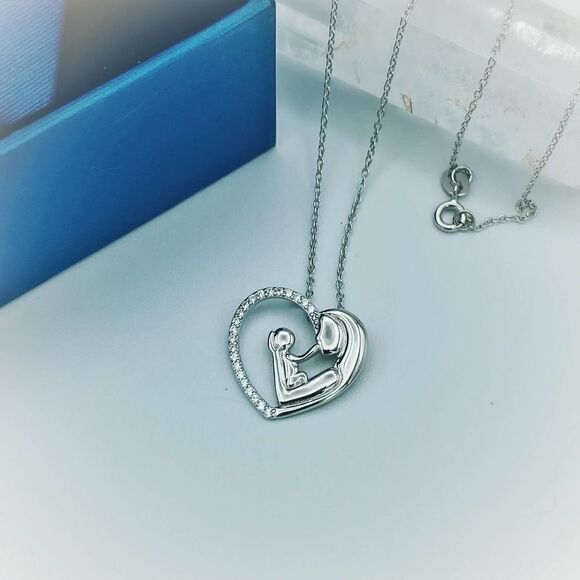 Sterling Silver Mother Child Heart Pendant Necklace - Picture 1 of 5